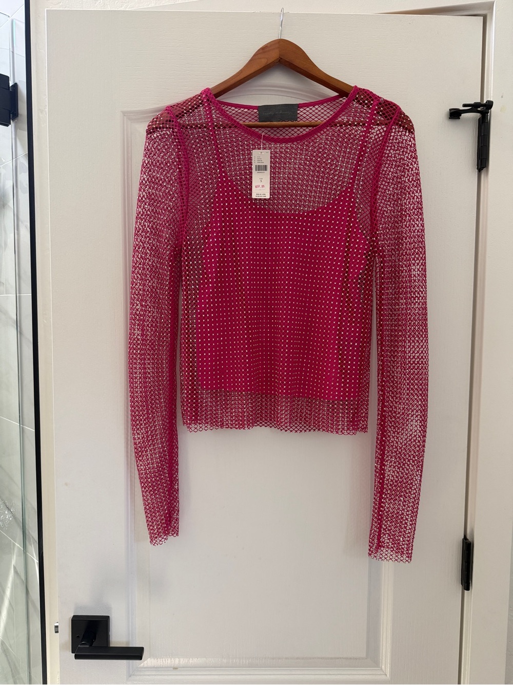 Sunday in Brooklyn Sheer Fuchsia Mesh Long-Sleeve Crop Top